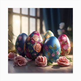 Blue and Red Painted Eggs with Miniature Roses Canvas Print