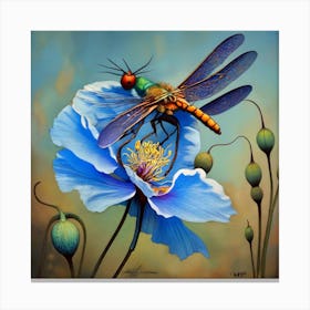 Dragonfly On Blue Poppy Canvas Print