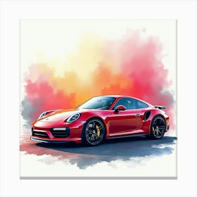 Porsche 911 Turbo S Against A Colorful Watercolor Background, No Signature Or Logo 1 Canvas Print