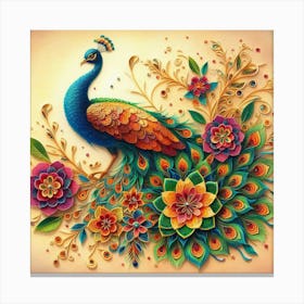 Peacock on flower branch 4 Canvas Print