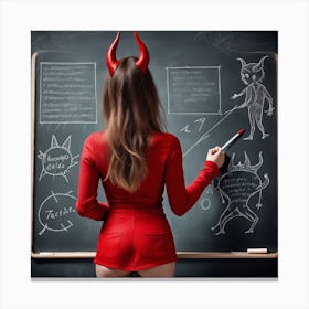 Devil Girl Drawing On Chalkboard Canvas Print