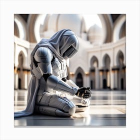 A 3d Dslr Photography Muslim Wearing Futuristic Digital Armor Suit , Praying Towards Masjid Al Haram, House Of God Award Winning Photography From The Year 8045 Qled Quality Designed By Apple(3) Canvas Print
