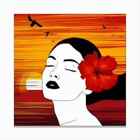 Sunset Woman With Red Flower Canvas Print