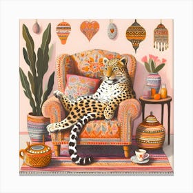 Sitting Leopard on a Folk Sofa Couch  Canvas Print