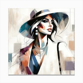 "Chic Essence: Modern Elegance" - This artwork is a stunning representation of contemporary fashion and sophistication, capturing the essence of modern femininity. The subject, a stylish woman adorned with a wide-brimmed hat and striking accessories, is portrayed with bold strokes and abstract elements, evoking a sense of confidence and grace. The neutral palette with splashes of vibrant color reflects the blend of classic charm and avant-garde trends. This piece is perfect for the fashion-forward individual looking to add a touch of high-end style and artistic flair to their living space or boutique. It's not just a painting; it's a statement of elegance and poise. Canvas Print