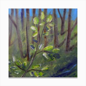 Forest Branch square painting nature leaves wood trees green brown blue hand painted figurative Canvas Print