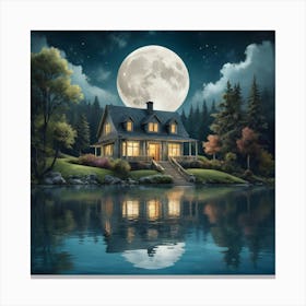 Artistic Moon Lake House Art Print 1 Canvas Print