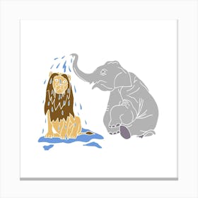 Elephant Showering A Lion With Trunk, Fun Safari Animal Print, Square Canvas Print