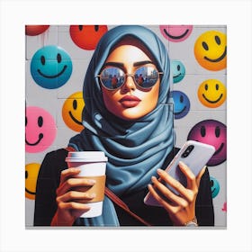 Stylish and Smiling - Pop Art Painting of a Woman with Coffee and Smartphone Canvas Print