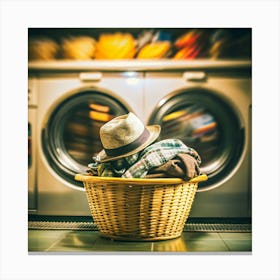 Laundry Basket In Front Of Washing Machine Canvas Print