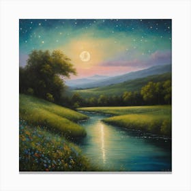 Oil painting picture of a very clear moon with stars, beautiful sky, river, flowers and sand 1 Canvas Print
