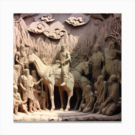 Visualize a scene from the dawn of civilization, with a sculptural representation of nomadic tribes cooperating in their search for sustenance." Canvas Print