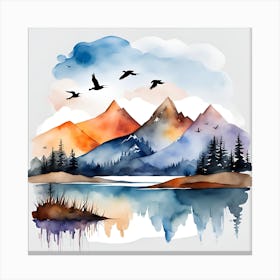 Watercolor Landscape With Birds Canvas Print