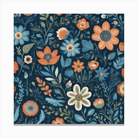 Folk Flowers Blue Art Print 2 Canvas Print