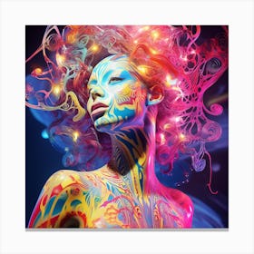 Luminous Lucidity: Psychedelic Woman in Neon Dreams. Body Art Canvas Print