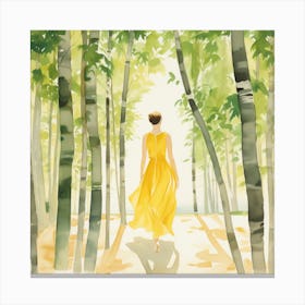 Woman In Yellow Dress Walking In The Forest Canvas Print