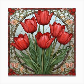 A close up of a stained glass window with flowers, RED Tulips Canvas Print