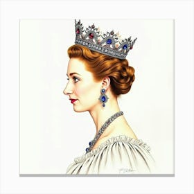 Watercolor Portrait Of Queen Elizabeth I, Jewel Encrusted Crown, Elegant 1 Canvas Print