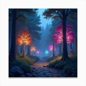 A Magical Forest With Trees That Glow In Various Enchanting Colors 1 Canvas Print