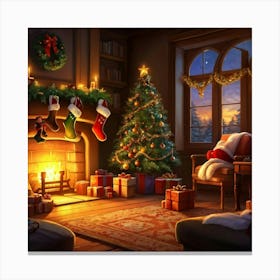 Cozy Christmas Eve Crackling Fireplace Casting A Soft Glow On The Elaborate Decorated Tree Toys Su (1) Canvas Print