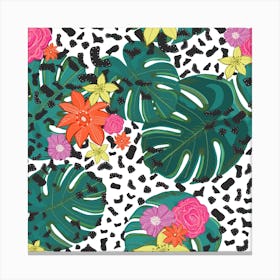 Shining Leopard Detailed Colorful Happy Tropical Flowers Vibrant Pattern Squre Square Canvas Print