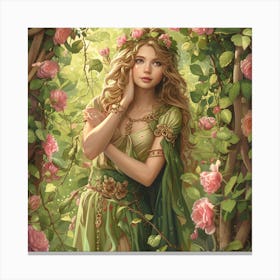 Goddess Of Nature Surrounded By Roses Canvas Print