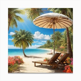 Beach Chairs And Umbrella 1 Canvas Print