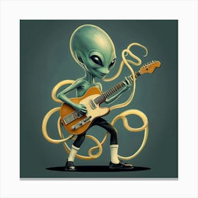 Nostalgic Alien Playing Vintage Guitar Against Dark Teal Background Canvas Print