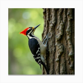 A Vibrant Woodpecker Tapping On The Bark Of An Ancient Oak Tree Canvas Print