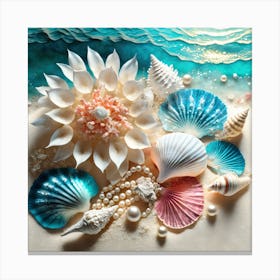 Firefly A Beautiful Feminine Flatlay Of Exotic Seashells, Corals, And Pearls On White Sands And Ocea (2) Canvas Print
