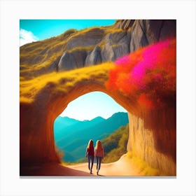 Two Girls Walking Through A Cave Canvas Print