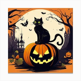 Halloween Black Cat On Pumpkin Canvas Print