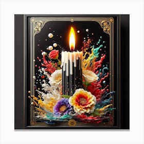 A lit candle inside a picture frame surrounded by flowers 3 Canvas Print
