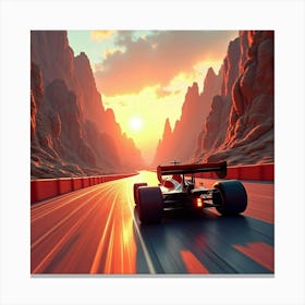 Formula Car Zooming Through A Futuristic Canyon Track Under A Setting Sun 1 Canvas Print