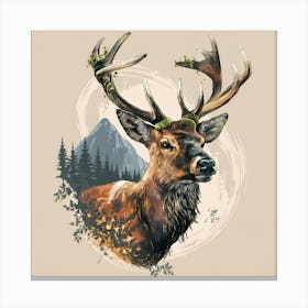 Captivating Stag Tattoo Design: Majestic Wildlife Art with Mossy Antlers, Wisdom Gaze, and Nature-Inspired Background Canvas Print