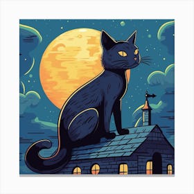 Black Cat On The Roof Canvas Print