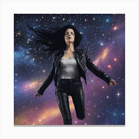 The Image Depicts A Woman Suspended In Midair Against A Backdrop Of Stars And Galaxies 3 Canvas Print