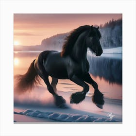 Beautiful Black Stallion Trotting In The Snow 2 Copy Canvas Print