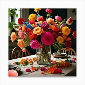 Table Setting With Colorful Flowers Canvas Print