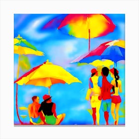 People Under Umbrellas on the Beach Fine Print Canvas Print