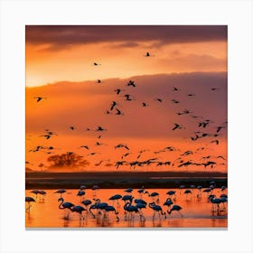 Flamingos At Sunset Canvas Print