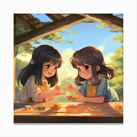 Two Girls Playing With Toys Anime Canvas Print