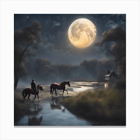 A big moon with famous horses and a river, at night, like a dream, Canvas Print