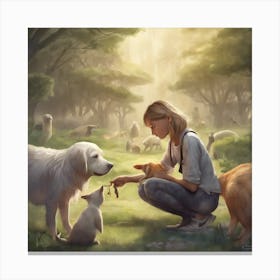 Girl Feeding A Dog Canvas Print