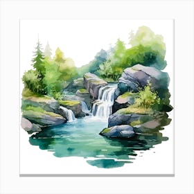 Watercolor Waterfall In The Forest Canvas Print