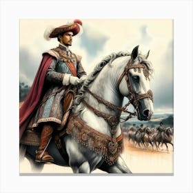 Medival Portugese Gentleman On His Decorated Lusitano Horse Color Painting Canvas Print