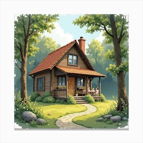 A Cozy English Cabin In The Woods With People Relaxing And Enjoying Nature, Watercolor 1 Canvas Print