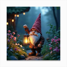 A Charming Gnome With A Magical Lantern In A Twilight Garden 1 Canvas Print