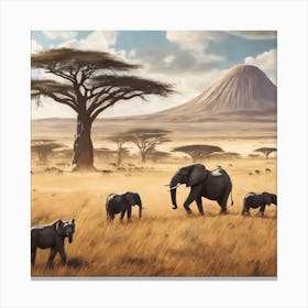 Elephants In The Savannah Canvas Print