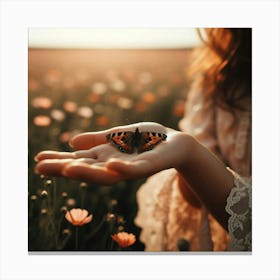 Butterfly On A Girl'S Hand Canvas Print